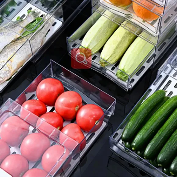 Stackable Plastic Refrigerator Drawer Organizer Removable Drain Tray Fridge Box