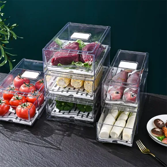 Stackable Plastic Refrigerator Drawer Organizer Removable Drain Tray Fridge Box