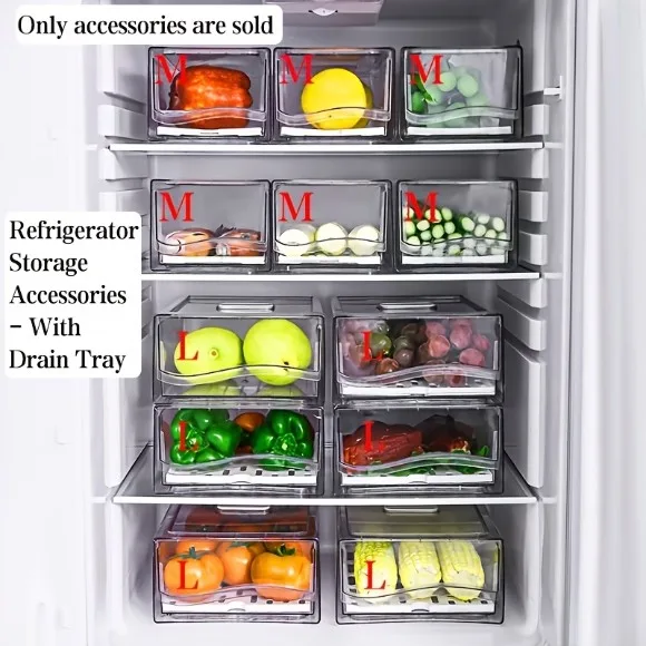 Stackable Plastic Refrigerator Drawer Organizer Removable Drain Tray Fridge Box