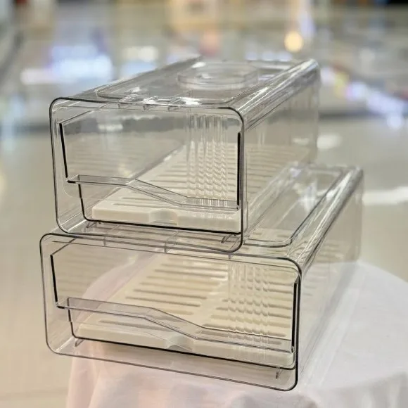 Stackable Plastic Refrigerator Drawer Organizer Removable Drain Tray Fridge Box