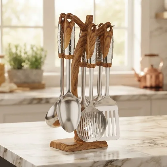 Stainless Steel Kitchen Tool Cooking Spoon with Stand Set of 7