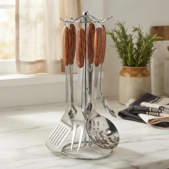 Stainless Steel Kitchen Tool Cooking Spoon with Stand Set of 7