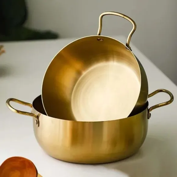 Stainless Steel Korean Style Ramen Pot Gold Double Handle Wok - 22cm