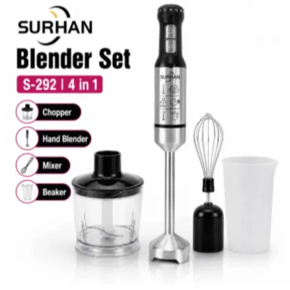 SURHAN 4 in 1 Hand Blender Set 3000W Powerful Motor - Stainless Steel Stick - Chopper Machine, Egg Beater, 600ML Beaker - Ice Crush & Hot Blending - Juicer Mixer Grinder Machine - Kitchen Accessories - Hand Blender Machine - 1 Year Warranty