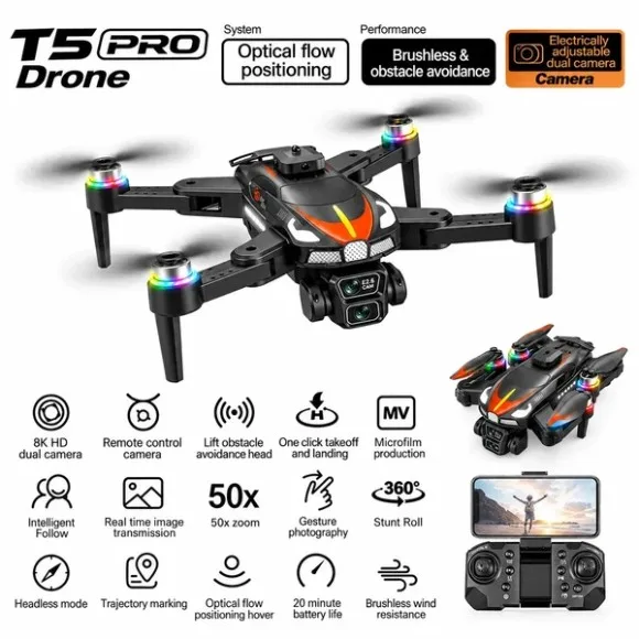 T5 Pro Brushless Drone – Dual Camera, 4-Side Obstacle Avoidance