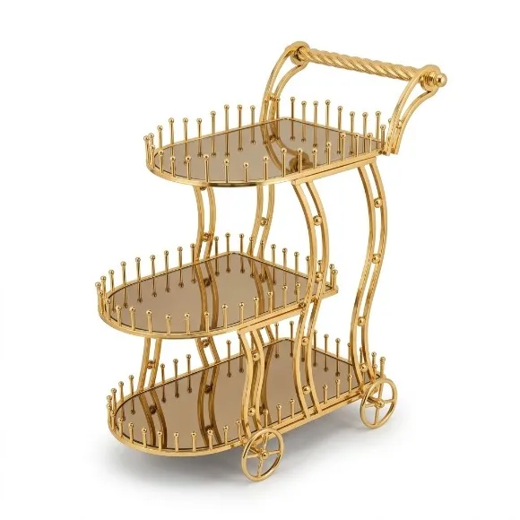 Tea Cart Gold Ornate Metal Serving Trolley 3-Tier Tea Trolley