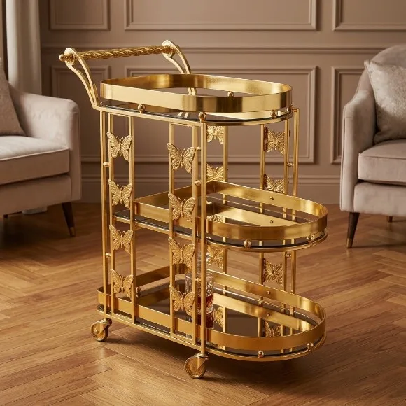 Tea Cart Gold Ornate Metal Serving Trolley 3-Tier Tea Trolley