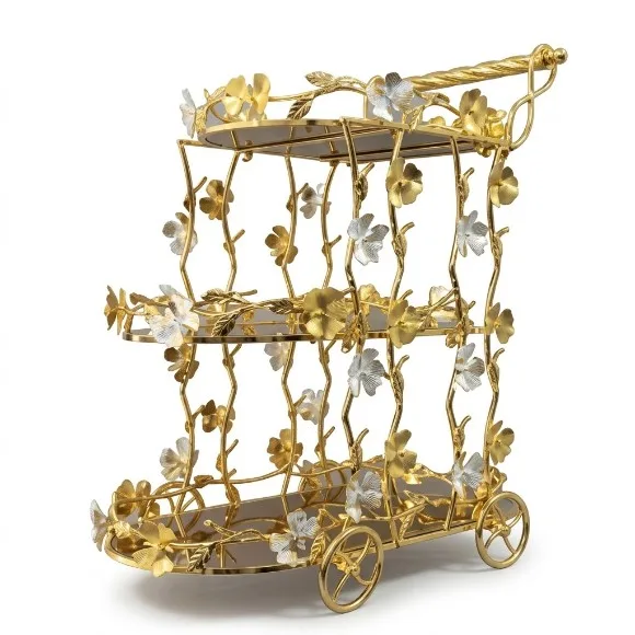 Tea Cart Gold Ornate Metal Serving Trolley 3-Tier Tea Trolley