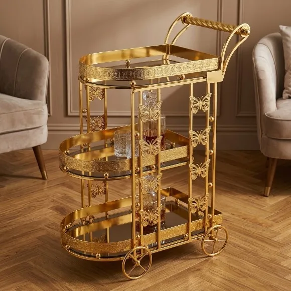 Tea Cart Gold Ornate Metal Serving Trolley 3-Tier Tea Trolley