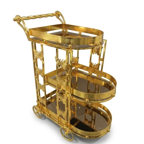 Tea Cart Gold Ornate Metal Serving Trolley 3-Tier Tea Trolley