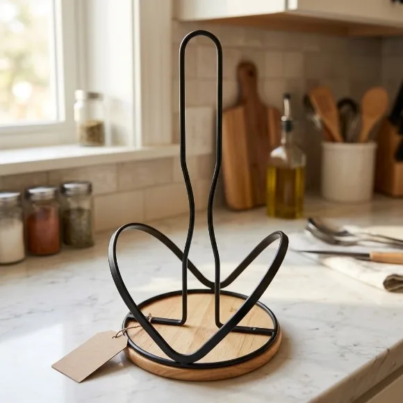 Iron Paper Towel Holder with Black Wooden Base