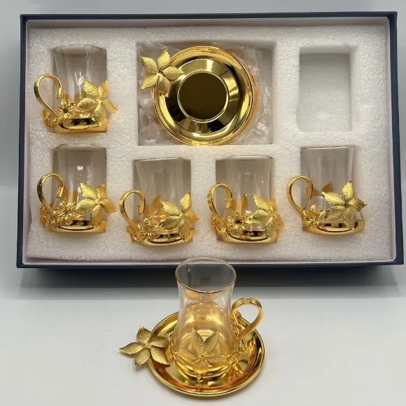 Turkish Nostalgic Tea Cups and Saucers Set for 6 Person Luxury Turkish Tea Set
