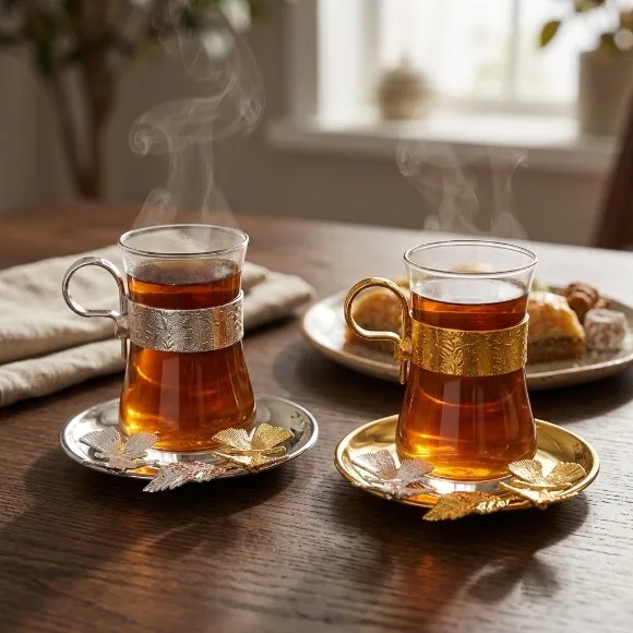 Turkish Nostalgic Tea Cups and Saucers Set for 6 Person Luxury Turkish Tea Set