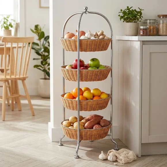 Vintage 4-Tier Wicker Basket for Vegetables kitchen Items