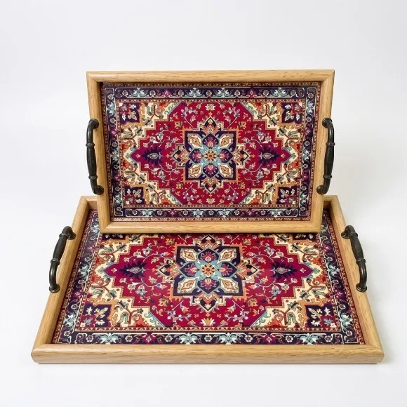Vintage Persian-Style Wooden Serving Tray Set (2-Piece) with Metal Handles