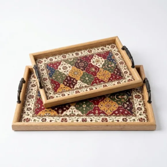 Vintage Persian-Style Wooden Serving Tray Set (2-Piece) with Metal Handles