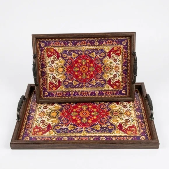 Vintage Persian-Style Wooden Serving Tray Set (2-Piece) with Metal Handles