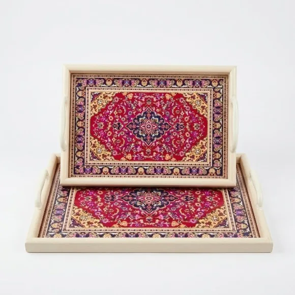 Vintage Persian-Style Wooden Serving Tray Set (2-Piece) with Metal Handles