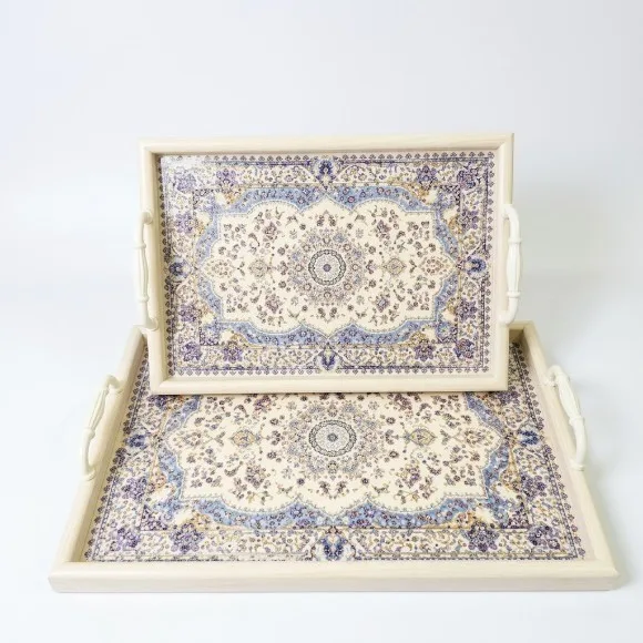 Vintage Persian-Style Wooden Serving Tray Set (2-Piece) with Metal Handles