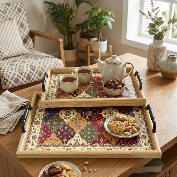 Vintage Persian-Style Wooden Serving Tray Set (2-Piece) with Metal Handles