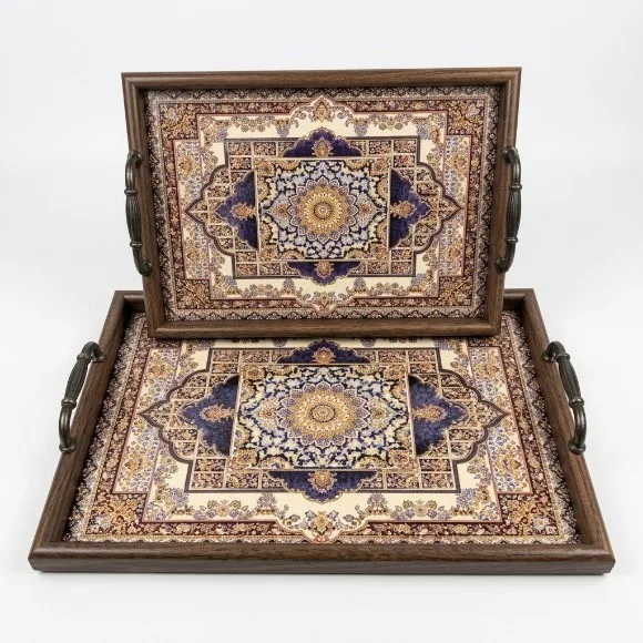 Vintage Persian-Style Wooden Serving Tray Set (2-Piece) with Metal Handles