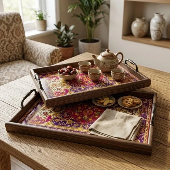 Vintage Persian-Style Wooden Serving Tray Set (2-Piece) with Metal Handles