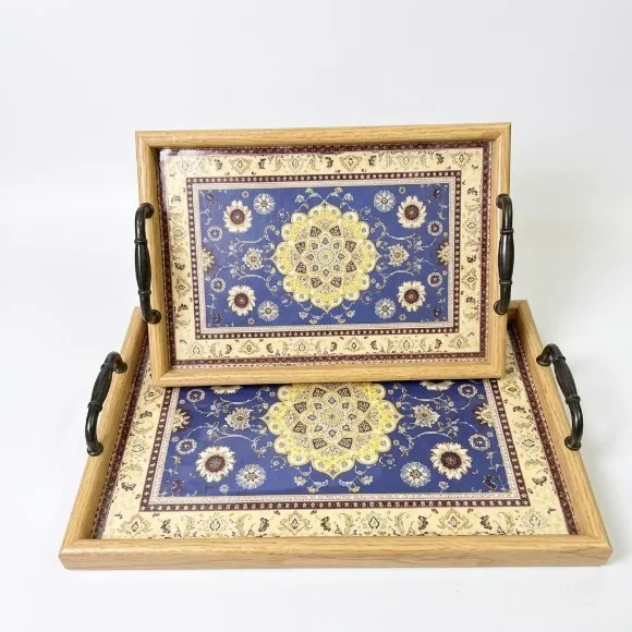 Vintage Persian-Style Wooden Serving Tray Set (2-Piece) with Metal Handles
