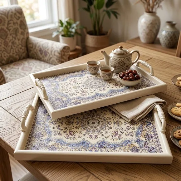 Vintage Persian-Style Wooden Serving Tray Set (2-Piece) with Metal Handles