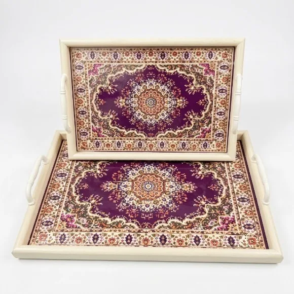 Vintage Persian-Style Wooden Serving Tray Set (2-Piece) with Metal Handles