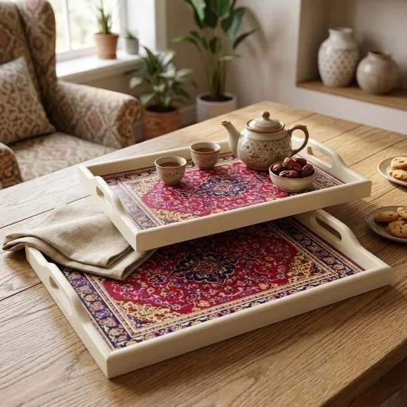 Vintage Persian-Style Wooden Serving Tray Set (2-Piece) with Metal Handles