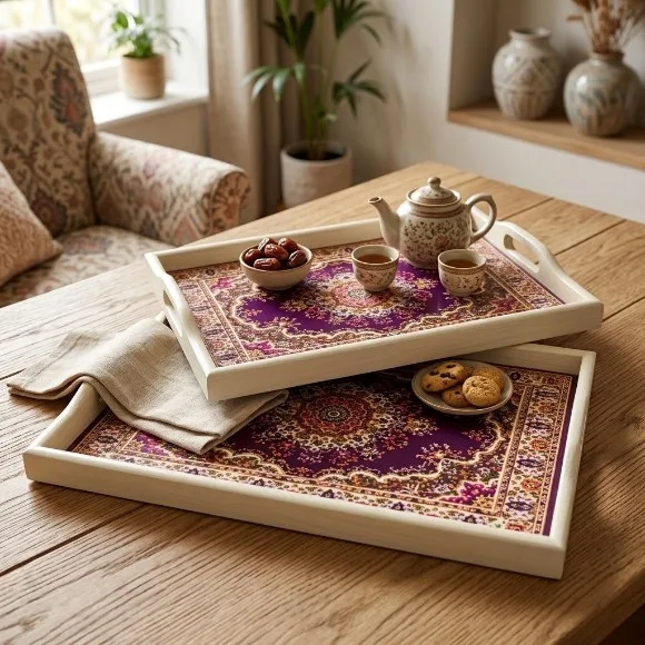 Vintage Persian-Style Wooden Serving Tray Set (2-Piece) with Metal Handles