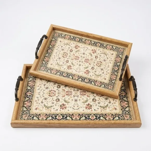 Vintage Persian-Style Wooden Serving Tray Set (2-Piece) with Metal Handles