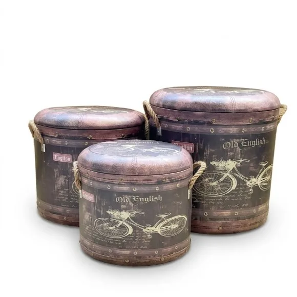 Vintage Retro Padded Ottoman Barrel Storage Seat Stool Foot Rest with Removable Lid and Rope Handles Storage Box + Stool 3Pcs Set