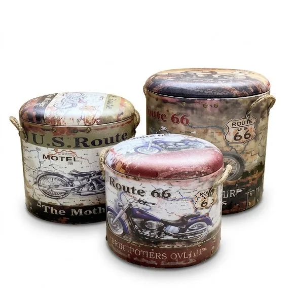 Vintage Retro Padded Ottoman Barrel Storage Seat Stool Foot Rest with Removable Lid and Rope Handles Storage Box + Stool 3Pcs Set