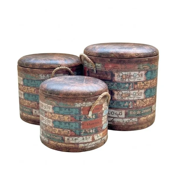 Vintage Retro Padded Ottoman Barrel Storage Seat Stool Foot Rest with Removable Lid and Rope Handles Storage Box + Stool 3Pcs Set
