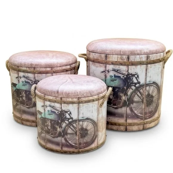 Vintage Retro Padded Ottoman Barrel Storage Seat Stool Foot Rest with Removable Lid and Rope Handles Storage Box + Stool 3Pcs Set
