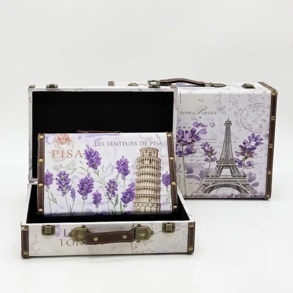 Vintage Suitcase Set of 3, Decorative Leather Trunk with Handles & Latch, Retro Nesting Storage Boxe