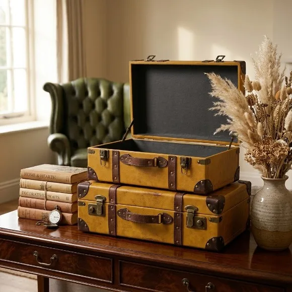 Vintage Style Decorative Storage Trunks (Set of 2) – Yellow Faux Leather Chests