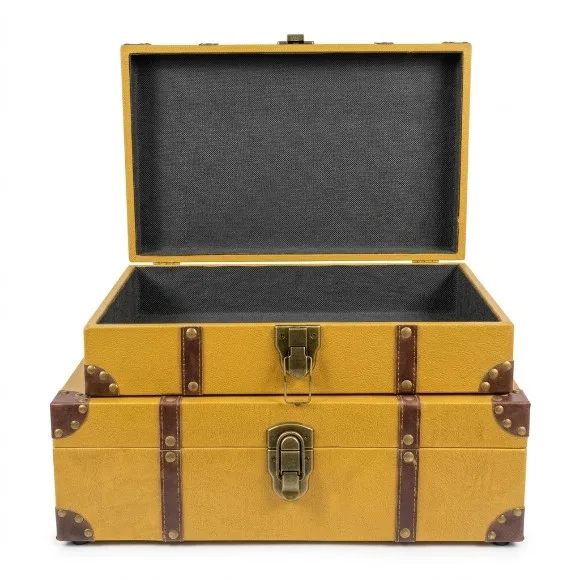 Vintage Style Decorative Storage Trunks (Set of 2) – Yellow Faux Leather Chests