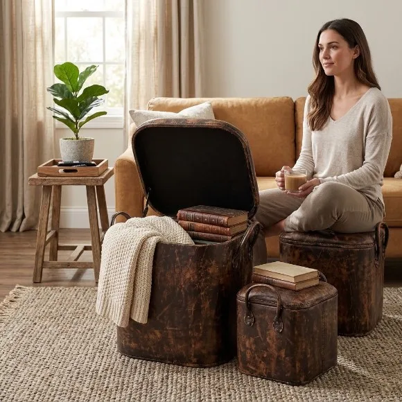 Vintage Style Trunk Box with Padded Tops Ottoman Set of 3  