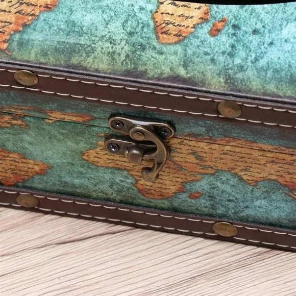 Vintage Style Wooden Tissue Box Antique World Map Graphic Decorative Metal Clasp