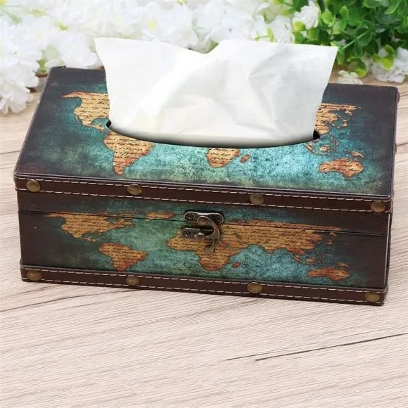 Vintage Style Wooden Tissue Box Antique World Map Graphic Decorative Metal Clasp