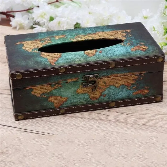Vintage Style Wooden Tissue Box Antique World Map Graphic Decorative Metal Clasp