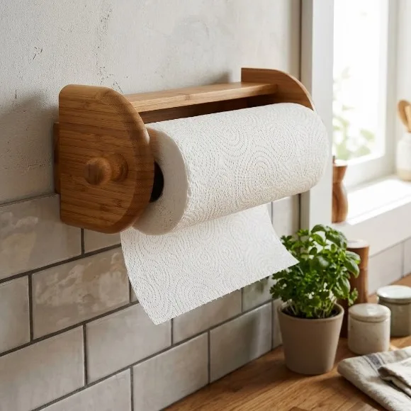 Wall Mount Bamboo Toliet Paper Towel Tissue Holder for kitchen and Bathroom