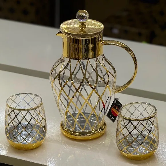 Luxury Gold Glass Water Jug Set with 6 Matching Glasses – 7 Pcs