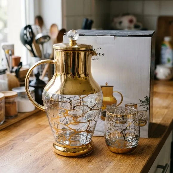 Luxury Gold Glass Water Jug Set with 6 Matching Glasses – 7 Pcs thumbnail 2