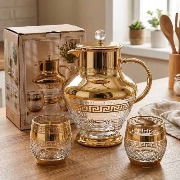 Luxury Gold Glass Water Jug Set with 6 Matching Glasses – 7 Pcs thumbnail 5