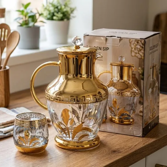 Luxury Gold Glass Water Jug Set with 6 Matching Glasses – 7 Pcs thumbnail 4
