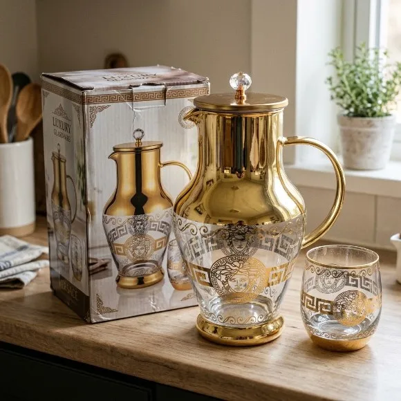 Luxury Gold Glass Water Jug Set with 6 Matching Glasses – 7 Pcs thumbnail 3