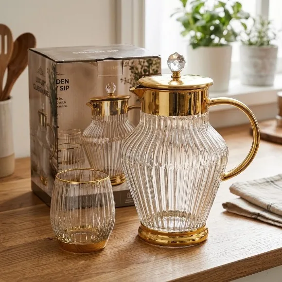 Luxury Gold Glass Water Jug Set with 6 Matching Glasses – 7 Pcs thumbnail 6